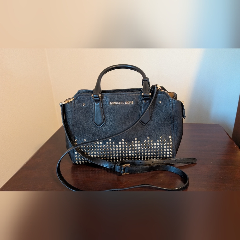 Michael Kors Black Studded Satchel 10 inch wide 8 inch height 4 inch depth